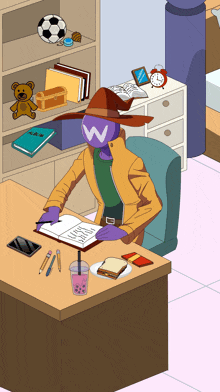a cartoon of a person with a w on their head sitting at a desk