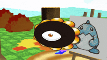 a cartoon drawing of a monster and a flower