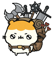 a cartoon hamster is surrounded by weapons including a sword and arrows