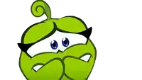 a green cartoon character with big eyes and a red mouth
