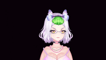 a girl with glasses and a butterfly headband has a green flower in her hair