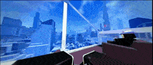 a computer screen shows a view of a city with a few buildings in the distance