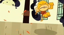 a cartoon of a monkey in a superhero costume hanging from a pole