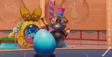 a cartoon rabbit is holding a blue egg in front of a clock