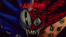 a drawing of a monster with the words " i am god " written in red