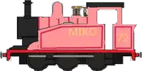 a pixel art drawing of a pink train with the number 72 on the side .