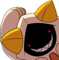a close up of a cartoon character with a black face and yellow horns
