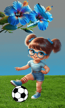 a little girl with glasses is kicking a soccer ball with anita cruz in the background
