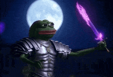 a frog in armor holding a purple sword