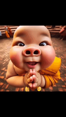 a cartoon baby with a big nose is making a funny face while praying .