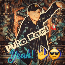 a man in a leather jacket with the words puro rock yeah