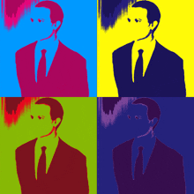 four pictures of a man in a suit and tie with different colors