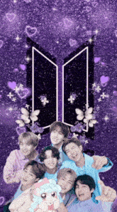 a group of boys are posing for a picture in front of a purple logo