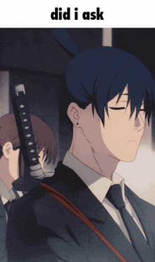 a man in a suit and tie is holding a sword with the words did i ask above him