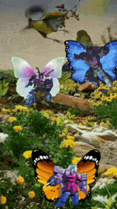three butterflies with transformers on them are flying in a field of flowers