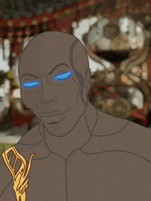 a drawing of a bald man with blue eyes and a statue in the background