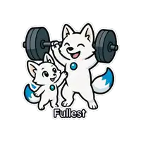 a sticker of a fox lifting a barbell with the word fullest underneath