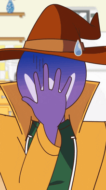 a cartoon character with a witch hat covering his face