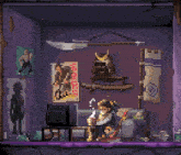 a pixel art of a person sitting on a couch in front of a television