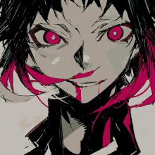 a drawing of a girl with pink hair and blood on her lips