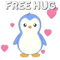 a blue penguin is hugging a pink heart with the words free hug behind it