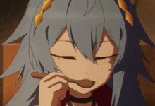 a girl with long blue hair is eating with a spoon