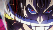 a close up of a cartoon character with red eyes and a white smile