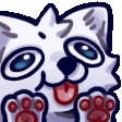 a cartoon cat with blue eyes and red paws is sticking out its tongue .