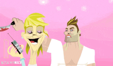 a cartoon of a man holding a bloody knife and a woman holding a phone