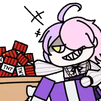 a cartoon girl with pink hair is sitting in front of a pile of tnt bombs .