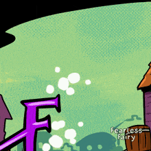 a cartoon of a purple letter f with fearless fairy written below it