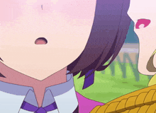 a close up of a person 's face with a purple tie