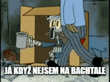 squidward from spongebob squarepants is walking out of a cardboard box holding a cup of coffee .
