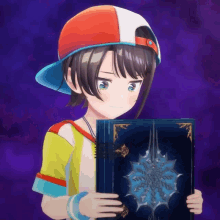 a girl in a hat is holding a book