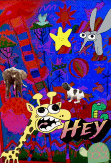 a colorful poster with animals and the word hey on the bottom