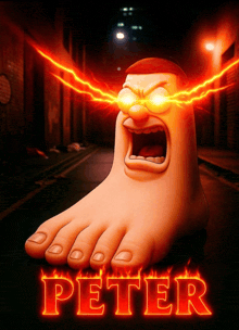 a cartoon character with glowing eyes and the name peter