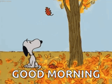 a cartoon of snoopy sitting under a tree with leaves and a balloon in his mouth .