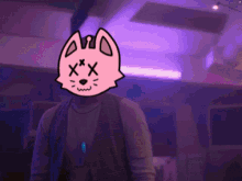 a man with a pink cat mask on his head