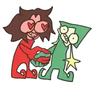 a cartoon drawing of a man and a green elf
