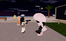 a girl holding a gun in a video game with the name rusty on the bottom