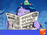 a cartoon drawing of a woman reading a newspaper with a frog on her head