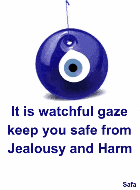 a blue evil eye hanging from a string with the words 