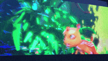 a computer screen shows a cartoon character looking at a plant