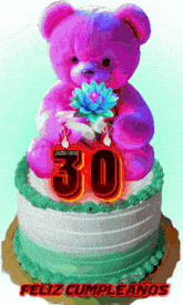 a pink teddy bear sits on top of a cake that says 30