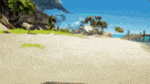 a sandy beach with palm trees and a building in the background