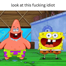 patrick star and spongebob squarepants are standing next to each other in a cartoon scene .