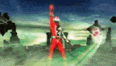 a man in a red superhero costume is holding up his hand in the air