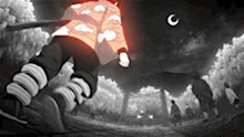 a black and white drawing of a person standing in a forest with a crescent moon in the background
