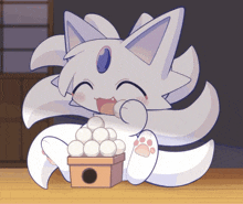 a cartoon drawing of a white furry animal eating eggs