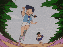 a cartoon of a girl jumping in the air with a boy running behind her